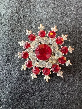 Estate Ruby Red and Clear Crystal Floral or Snowflake Starburst Mini Brooch Pin